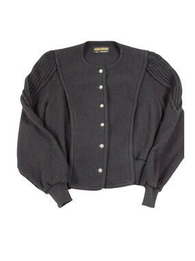 Geiger Black Wool-Blend Austrian Button Cardigan With Textured Knit Sleeves
